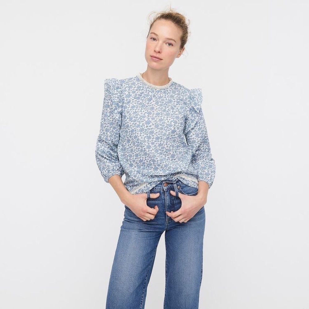 Blue Floral Puff-Sleeve Women's Top